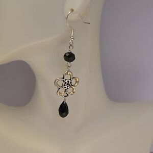 Elegant Silver and Black Floral Earrings